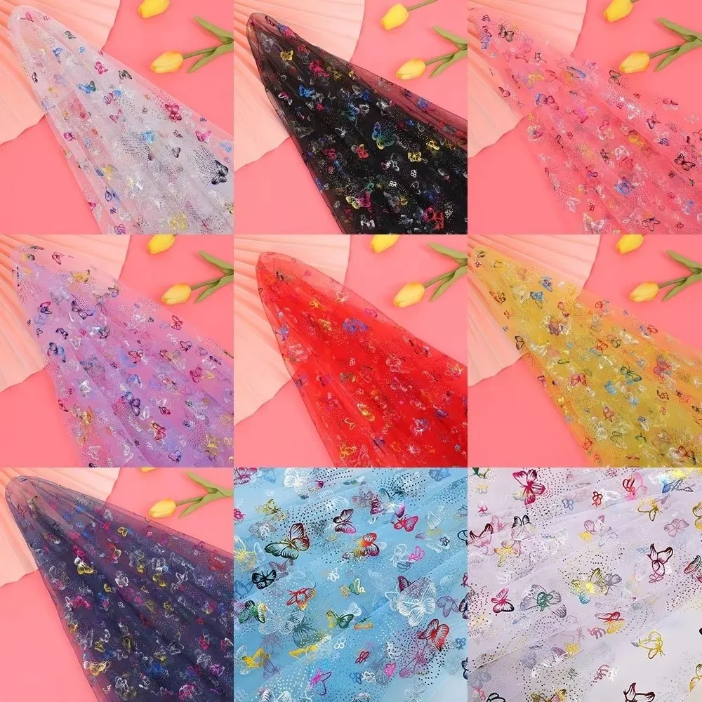 Tela de Tul Estampada con Mariposas Coloridas, Material de Costura Hecho a Mano, Tela de Organza, Tela de Malla Metalizada