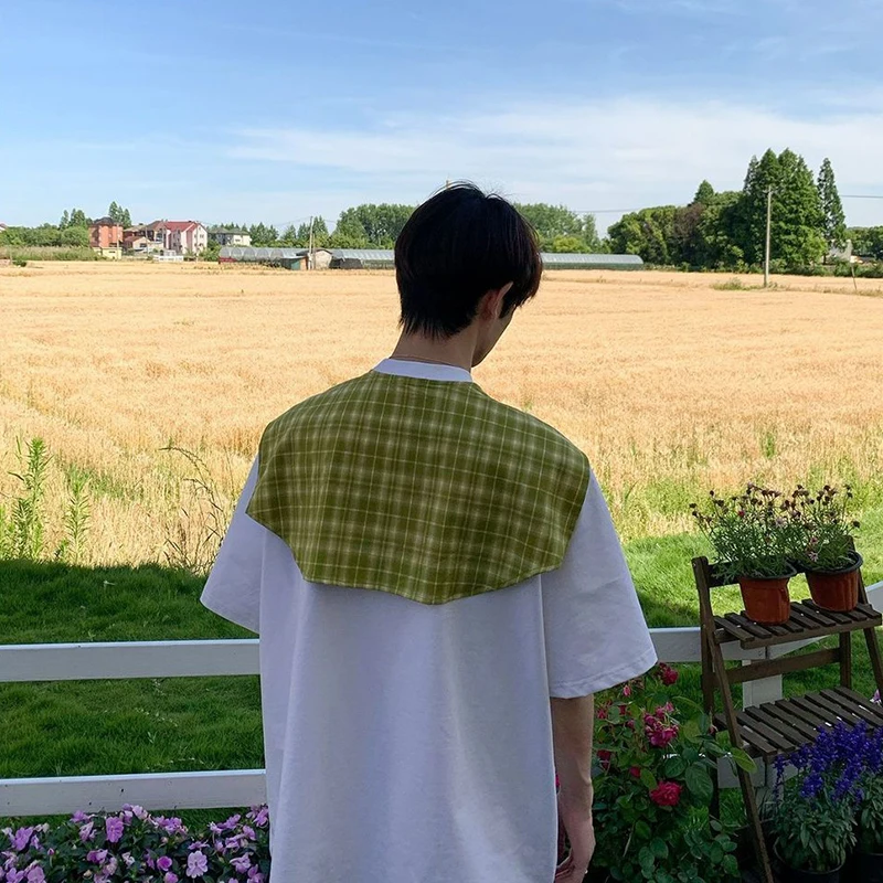 Men Women Fake Two-Piece Plaid Shawl TShirt Summer American Style Color Block Short Sleeve Casual Streetwear Harajuku Design Top