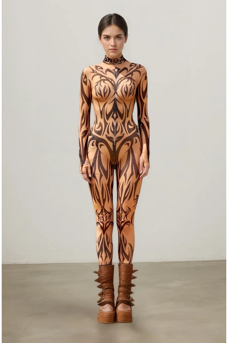Damen Fleischfarbener Tribal-Bodysuit Geometrischer Festival-Rave-Bühnenshow-Aerial-Yoga-Anzug Hochhals Vollständiger Halloween-Cosplay-Catsuit – Detail 11
