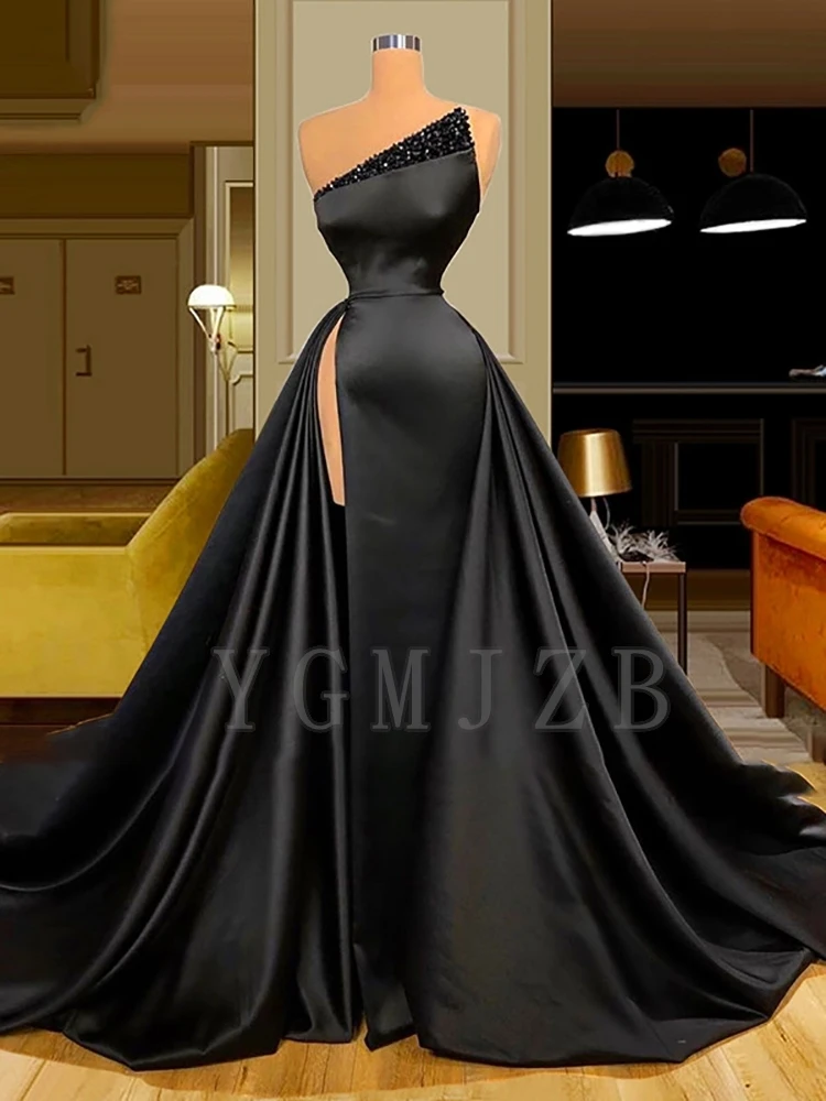 

Black Satin Evening Dresses Long Beaded High Slit Detachable Train Arabia Prom Party Dresses for Special Occasions Customized