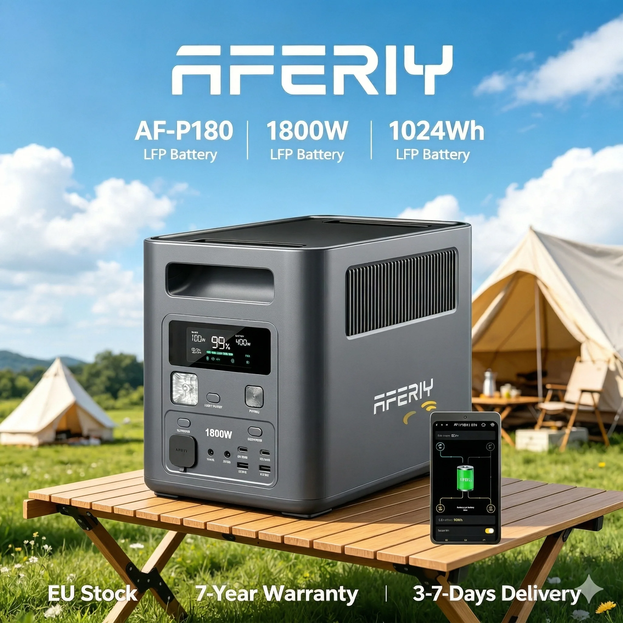 AFERIY AF-P180 Przenośna Stacja Zasilania 1024Wh Bateria LiFePO4 1800W Czysta Sinusoida AC 9 Wyjść z Szybkim Ładowaniem 140W PD USB-C