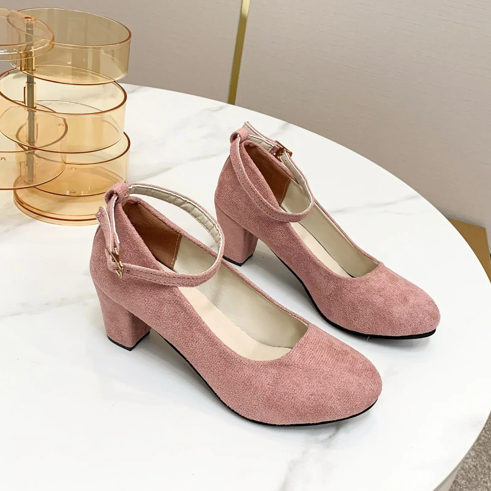 Sexy Beige Ankle Strap High Heels Autumn Flock Round Toe Pumps Female Summer Shoes Women Fashion Shallow Pump