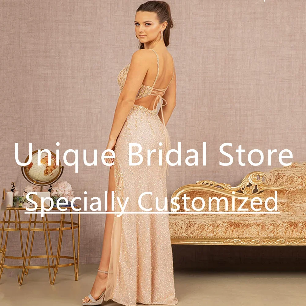 Aangepaste prachtige galajurken Mooie pailletten Spaghettibandjes V-hals A-lijn Mouwloos voor dames Avondmode Feestjurk