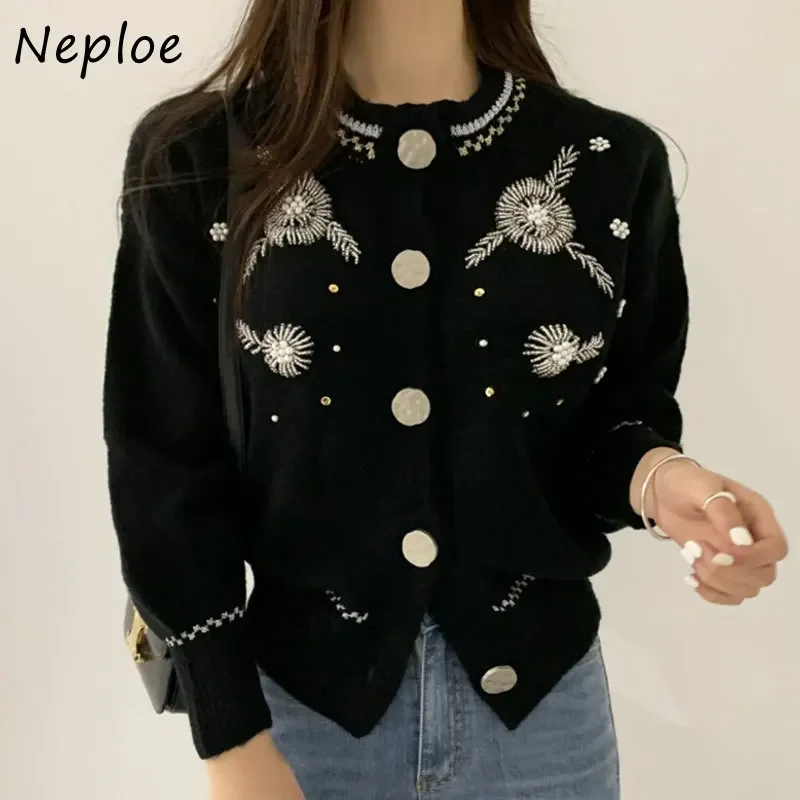 Neploe French Vintage Clothing Female Round Neck Heavy Beaded Embroidered Floral Knitted Cardigan 2024 Autumn Sweater Jacket