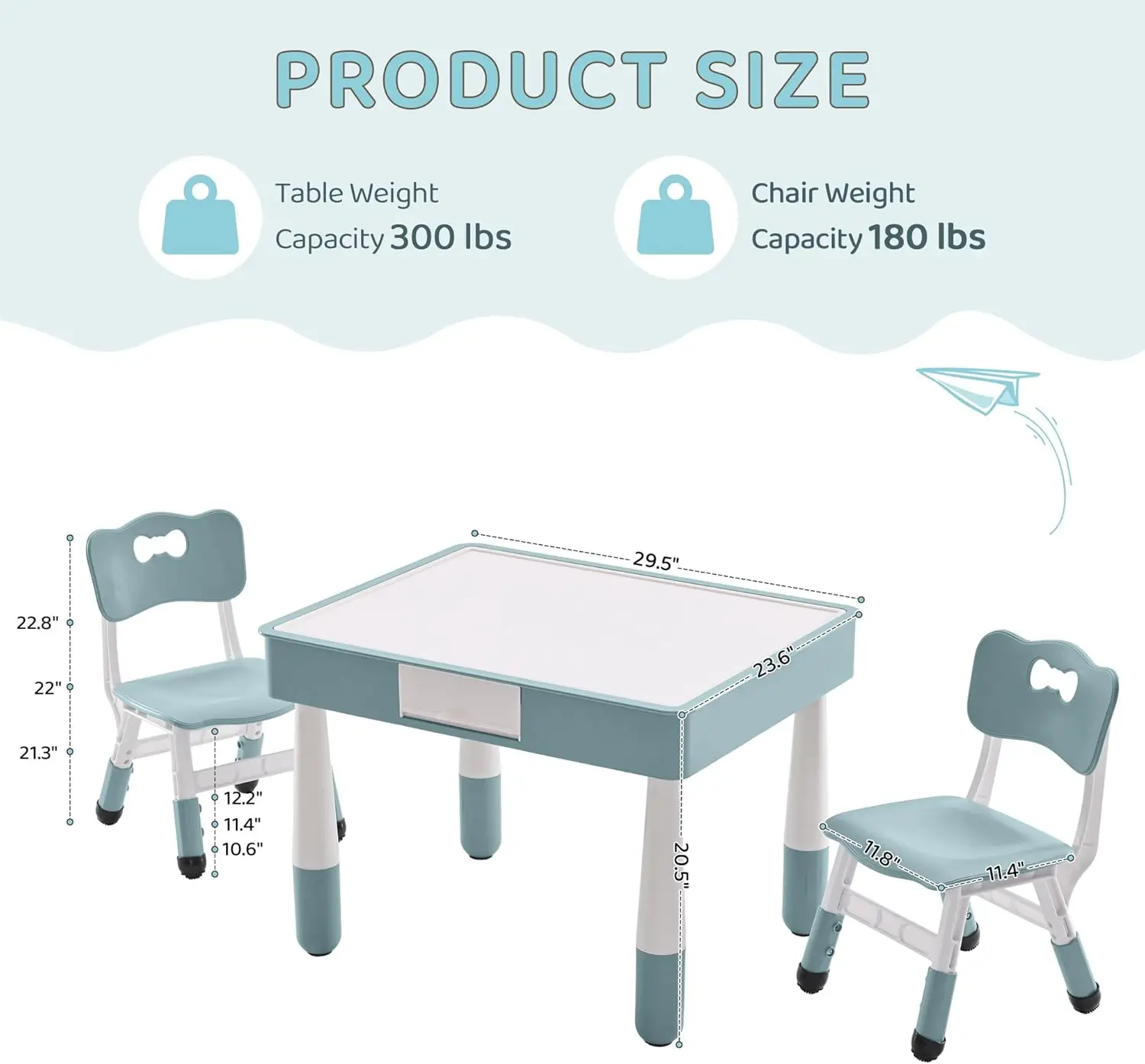 4 in 1 어린이용 테이블 및 의자 세트(수납함 포함), 회색빛이 도는 파란색 양면 테이블 상판, 3~10세용