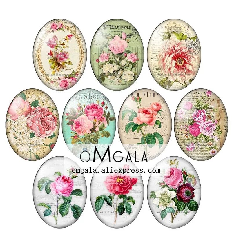 Vintage Retro Rose Flowers Art Paintings 13x18mm/18x25mm/30x40mm Oval photo glass cabochon flat back Making findings