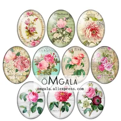 Vintage Retro Rose Flowers Art Paintings 13x18mm/18x25mm/30x40mm Oval photo glass cabochon flat back Making findings