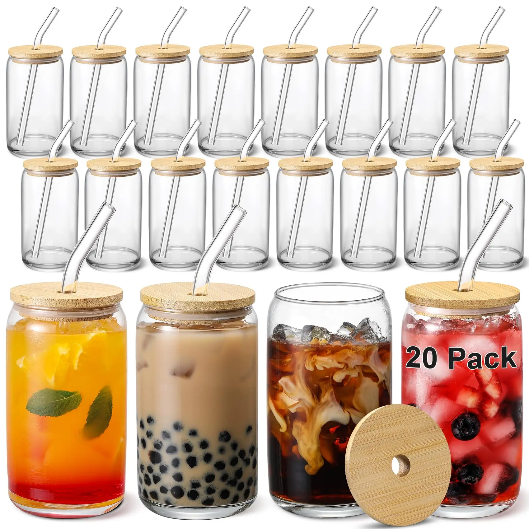 [ 20pcs Set ] Glass Cups with Bamboo Lids and Glass Straw Beer Shaped 16 oz Iced Coffee Drinking Glasses Cute Tumbler Cup