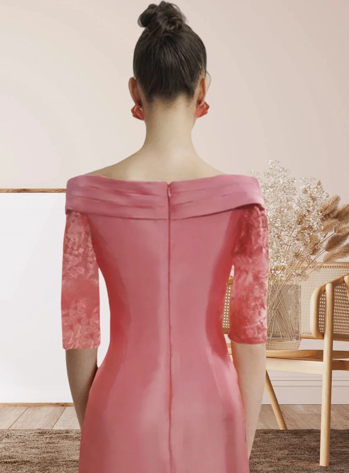 LinasBridal 花嫁の母ドレス 結婚式のゲスト エレガント オフショルダー 膝丈 タフタ ハーフスリーブ フリル付き 2025