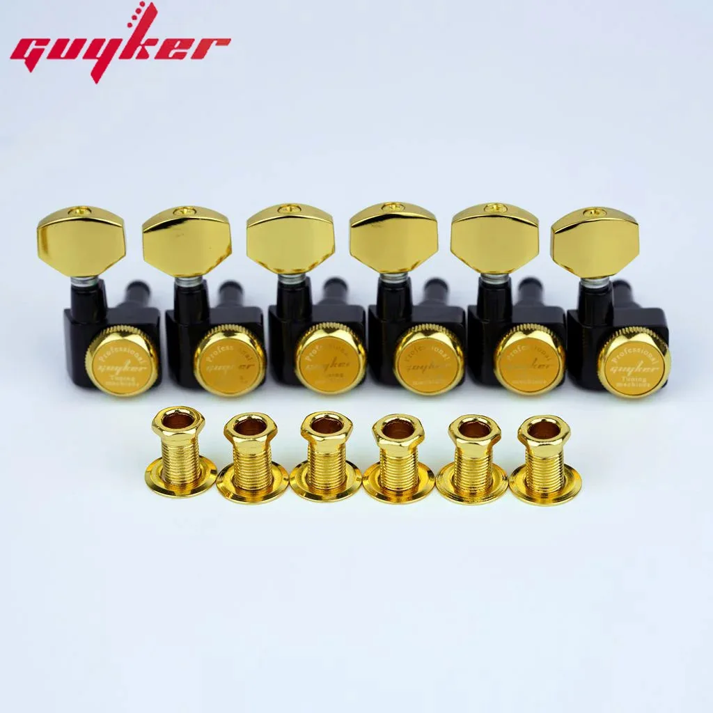 1 Set GUYKER 6 In-line Machine Heads No Screws Locking Tuners Black Gold Guitar Tuning Peg