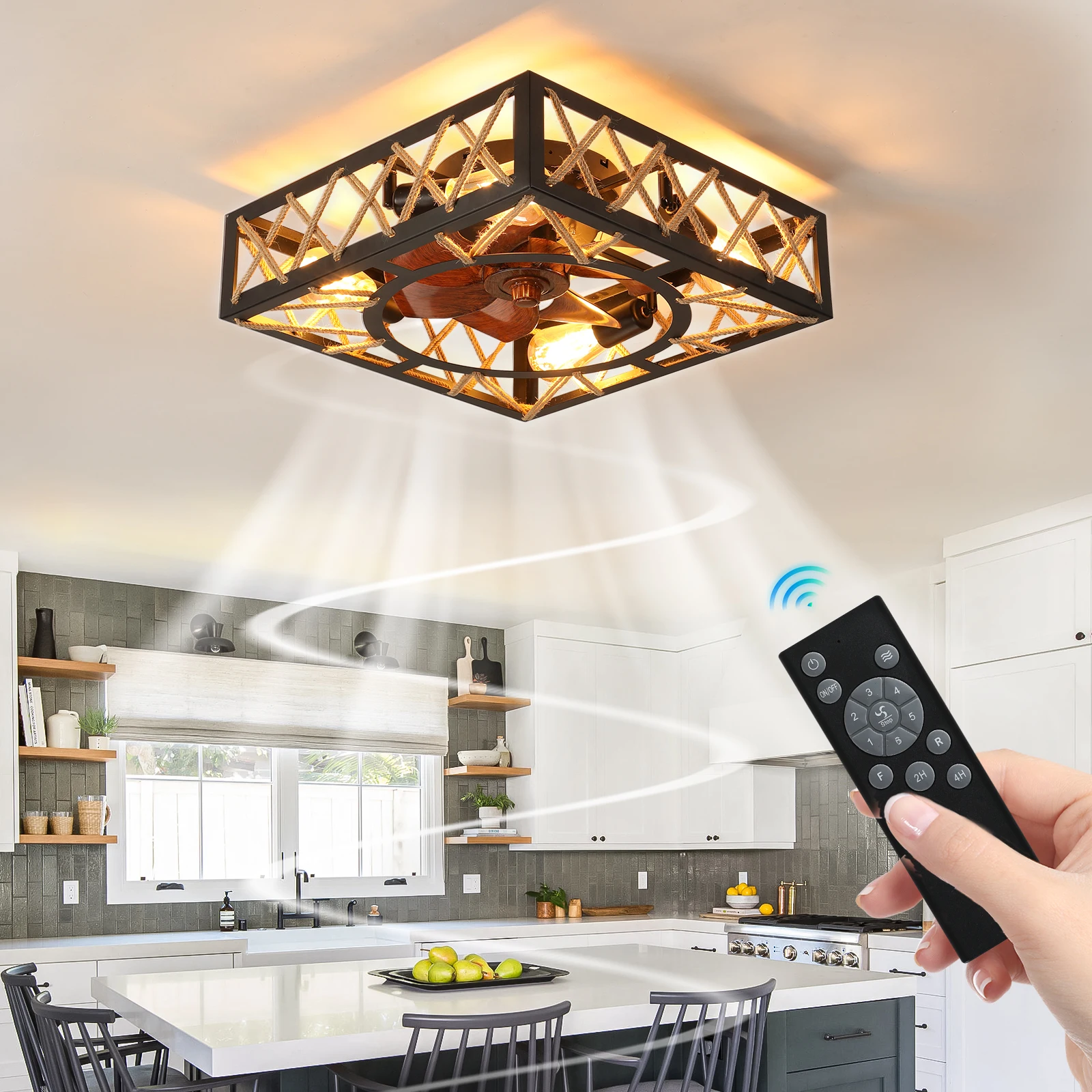 Farmhouse Rustic Ceiling Fan and Remote Control,Square Caged Industrial Ceiling Fixture with 6 Speeds & Noiseless DC Motor