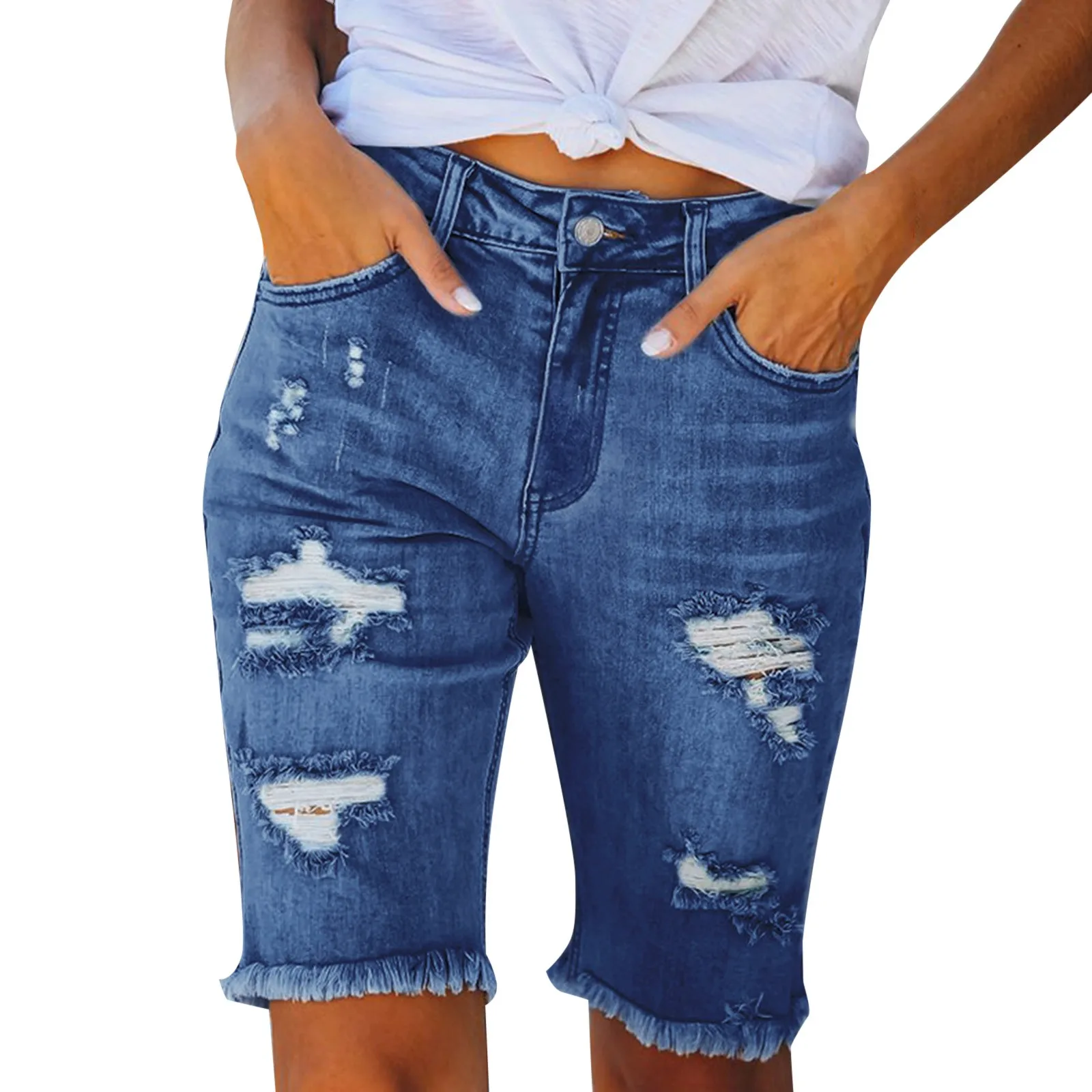 Pantalones cortos ajustados con agujeros y dobladillo para mujer, pantalones cortos rectos de cintura alta, Jeans ajustados lavados, Jeans casuales de Color sólido, verano, nuevo