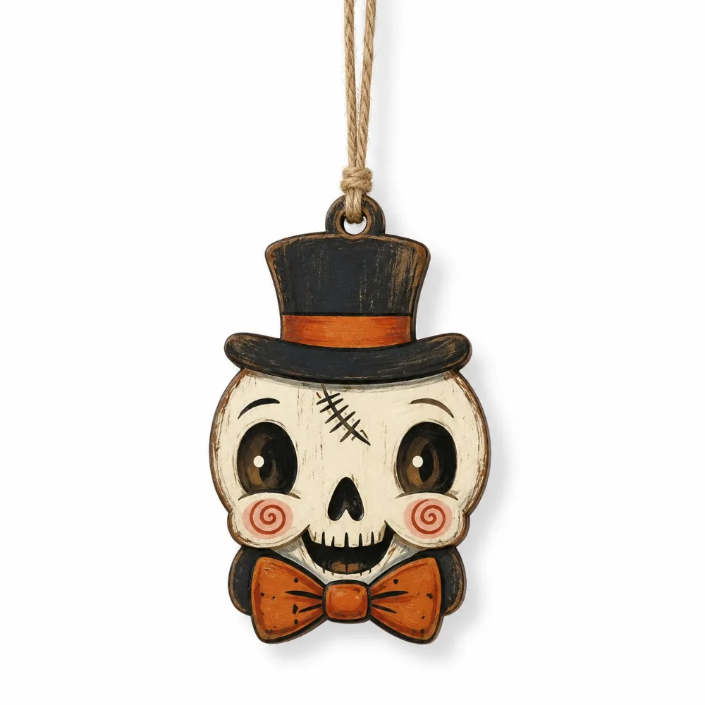 Vintage Style Halloween Pumpkin Ghost Pendant Distressed Painted Trick or Treat Wooden Black Cat Ornament with Rope Rustic