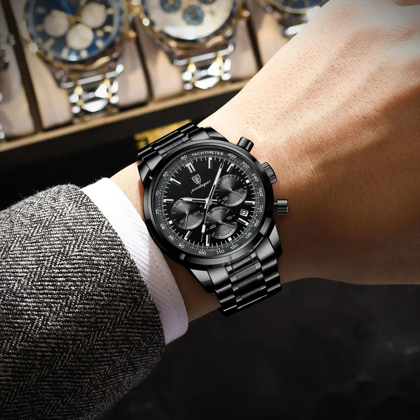 포에다가 탑 기능성 남성용 시계 방수 야광 크로노그래프 날짜 남성용 손목시계 스테인리스 스틸 스포츠 남성용 쿼츠 시계