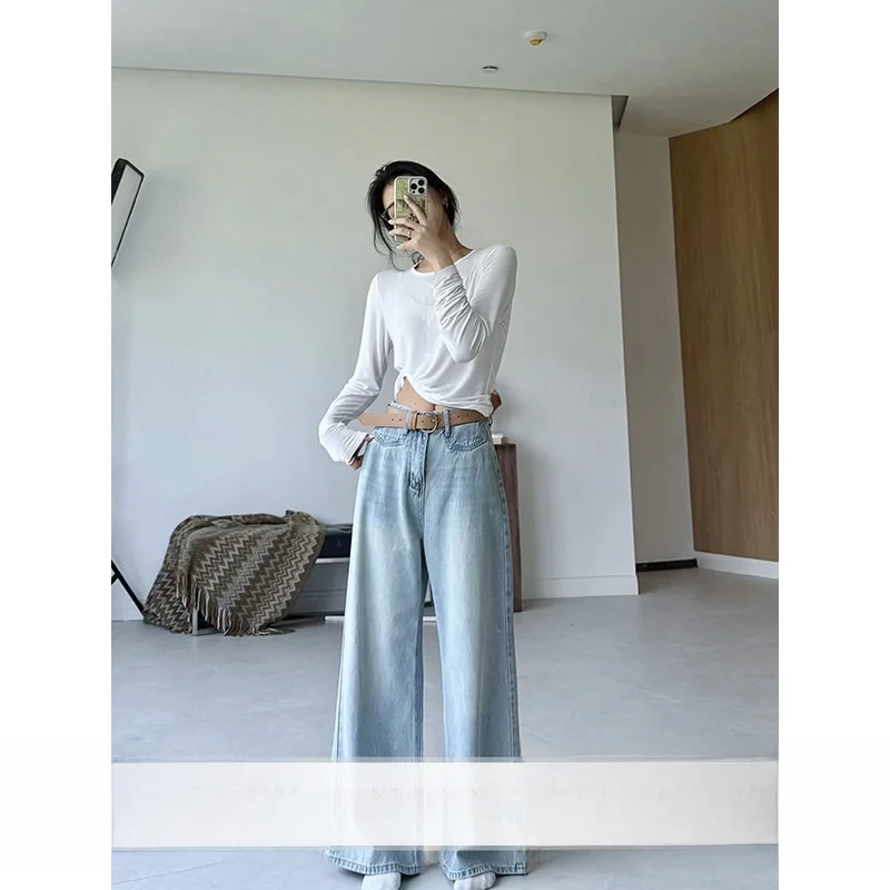 

Zhang a Xing Cool Pants High Waist Light Wa Straight Leg Jeans Casual Lightweight Drapey Spring Faion for Women
