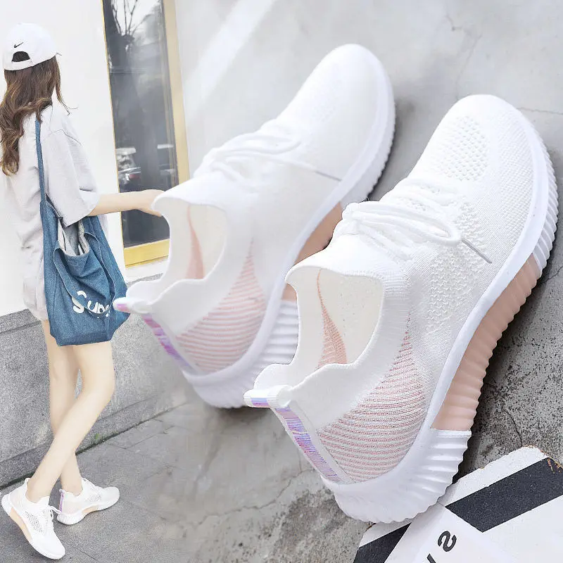 Buty damskie 2021, wiosenne, białe, nowe, oddychające, sportowe, siatkowe, wszechstronne, letnie, puste, latające, tkane, antypoślizgowe damskie