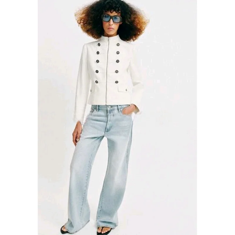 Spring Summer New Women's Long Sleeve Stand Collar Metal Button Decorated Zipper Style Suit Jacket Casual Style Short Length ...
