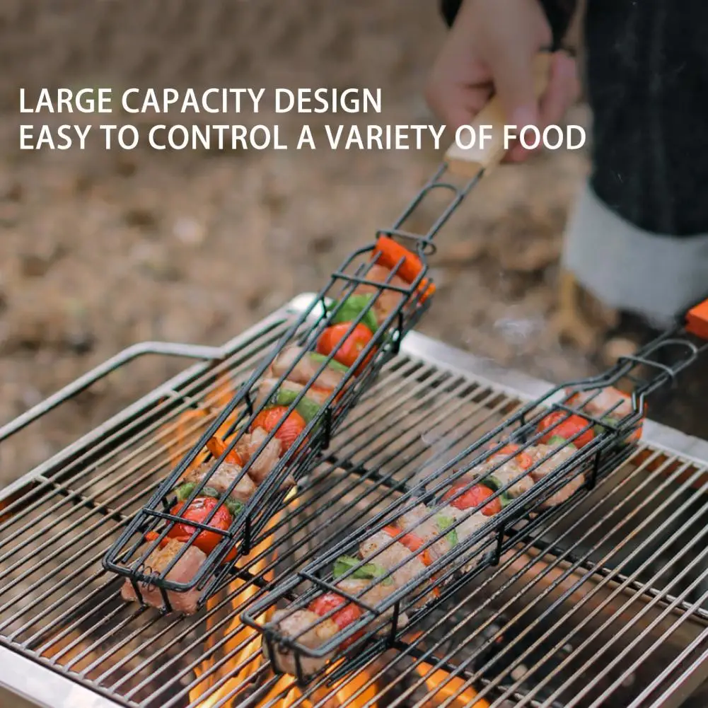 Kabob Grilling Basket Wooden Handle Stainless Steel Non-Stick Vegetables Shrimps Meat Hot Dog Barbecue Grill Net BBQ Tool 바베큐그릴