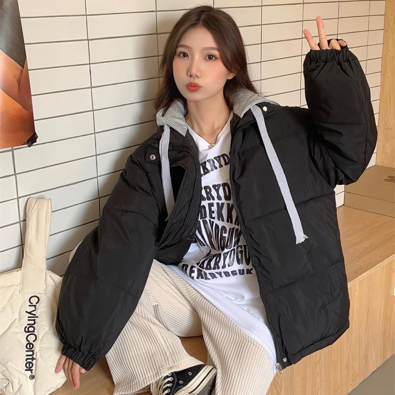 Harajuku Loose Puffer Bread Coat Women Korean Sweet Zipper Hooded Parkas Woman Winter Thicken Warm Cotton-Padded Jacket Female