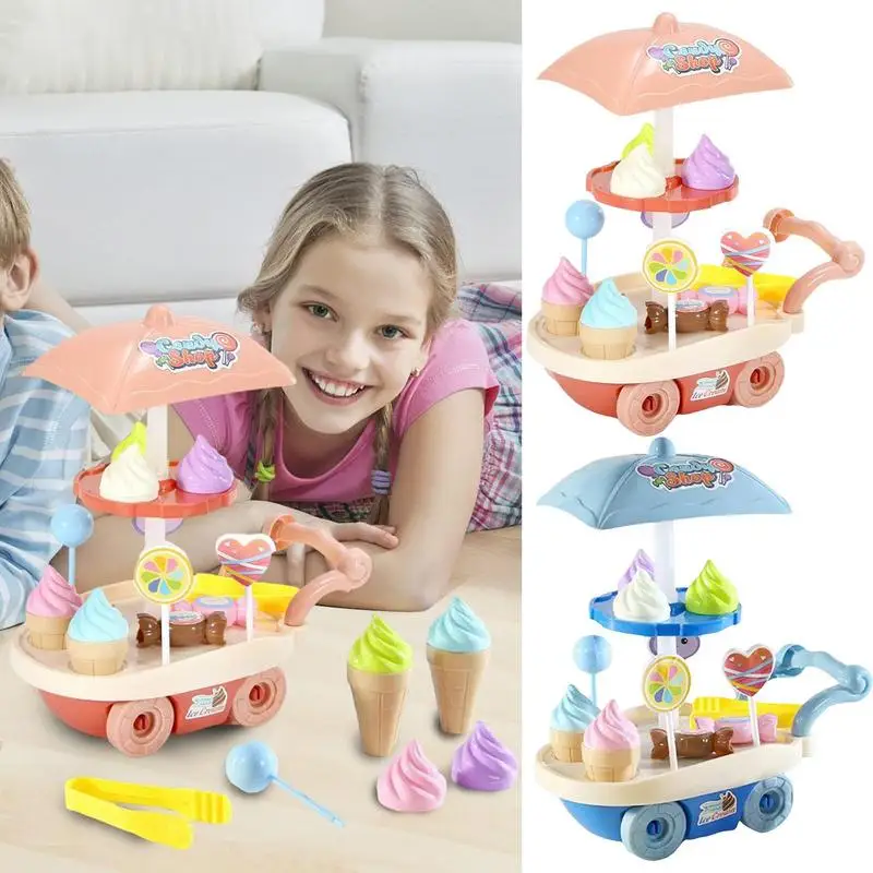 Mini Ice Cream Creative Cart Playset Kitchen Toy With Lollipop Pretend Play Educational Cooking Set Toy Birthday Gift For Kids