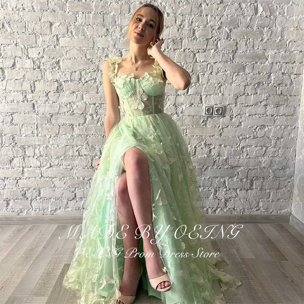 OEING Pastrol Mint Prom Dresses Fairy Spaghetti Strap 3D Butterfly Tea Length Party Dress For Women Lace Up Back Evening Gowns