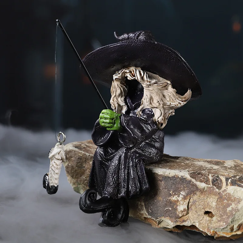 New Halloween Fishing Witch Resin Craft Ghost Figure Escape Room Decor