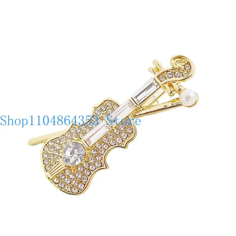 652F Stylish Crystal Violin Brooch Metal Pin For Instrument Player Formal Occasion