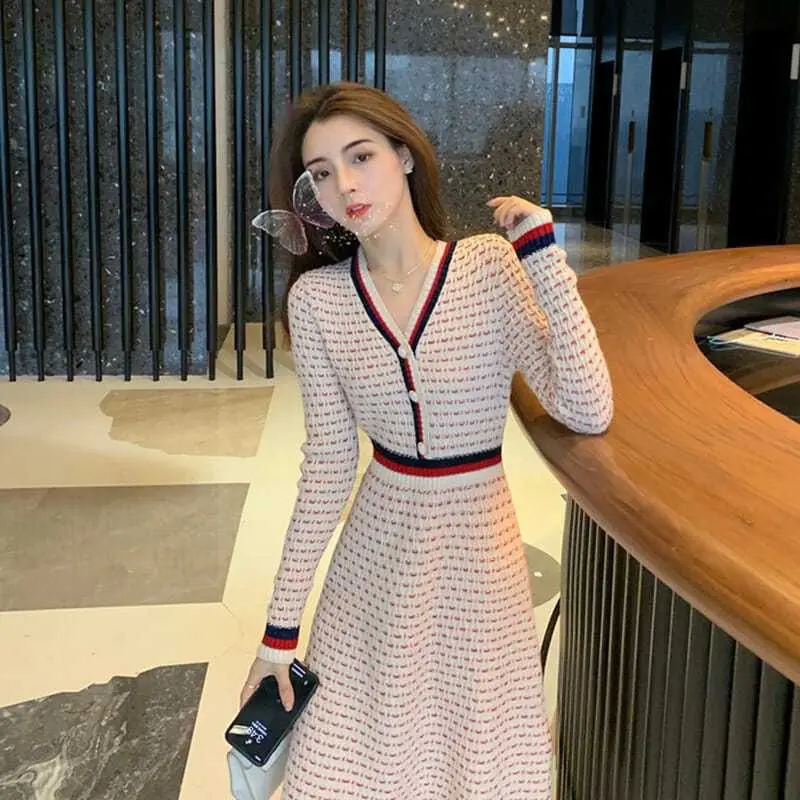 Women Clothes All-match Buttons Knitting V-neck Long Sleeve Midi Dress Autumn Winter Elegant Patchwork Slim Pullover Dresses