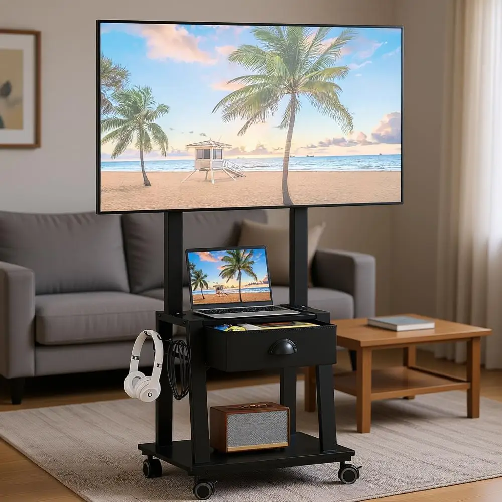 

Adjustable Rolling TV Stand for 23-60 Inch Flat/Curved Screens, Portable Cart with 2 Shelves, Holds up to 50 lbs, Suitable for I