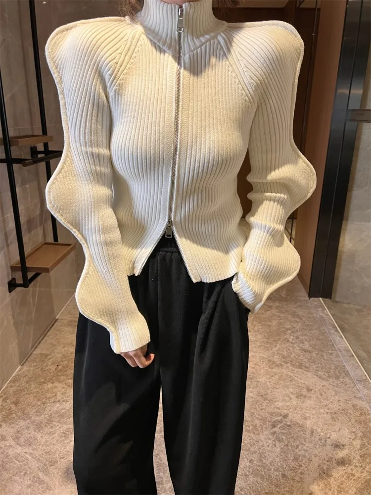 Design Long Sleeve Turtleneck Sweater Women Zip Elastic Slim Knitted Cardigan Casual Black White Female Spring Autumn Knitwear