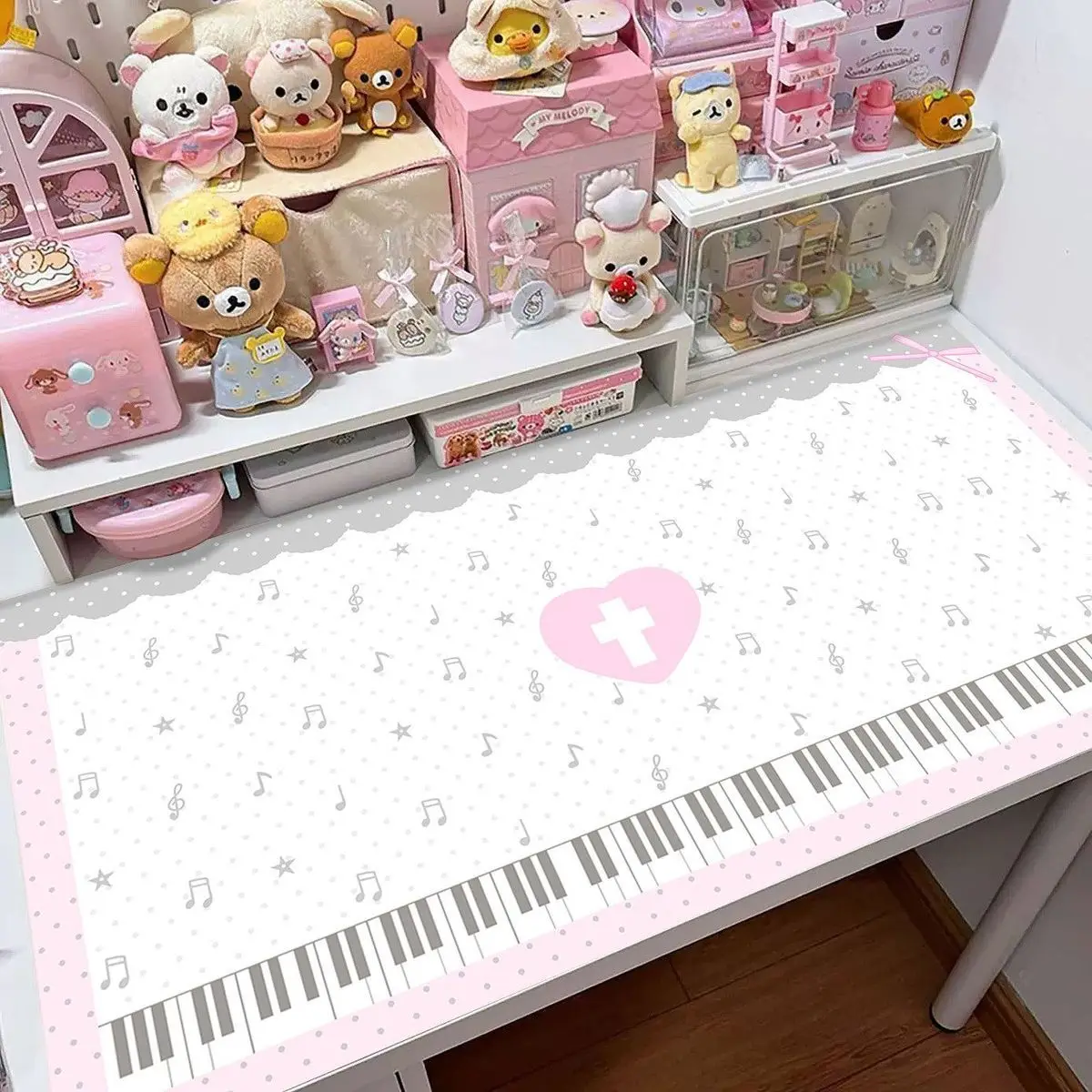 Pink Piano Polka Dot Cross Strawberry Girl Leather PU Desk Pad Protector Mouse Pad Office Waterproof Non-Slip Desk Blotter Pad