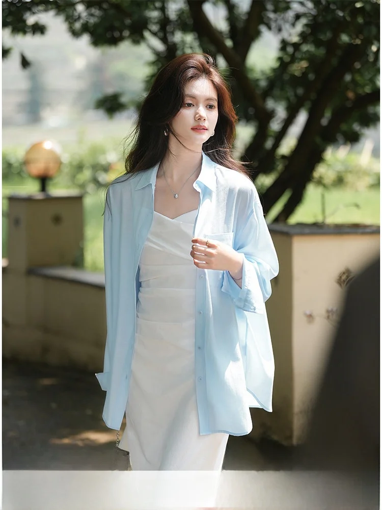 

Свободная повседневная антистатическая солнцезащитная рубашка для женщин, весенне-летний стиль, простой дизайн для работы, с отложным воротником, цвет сливы, Vinegar Ace...