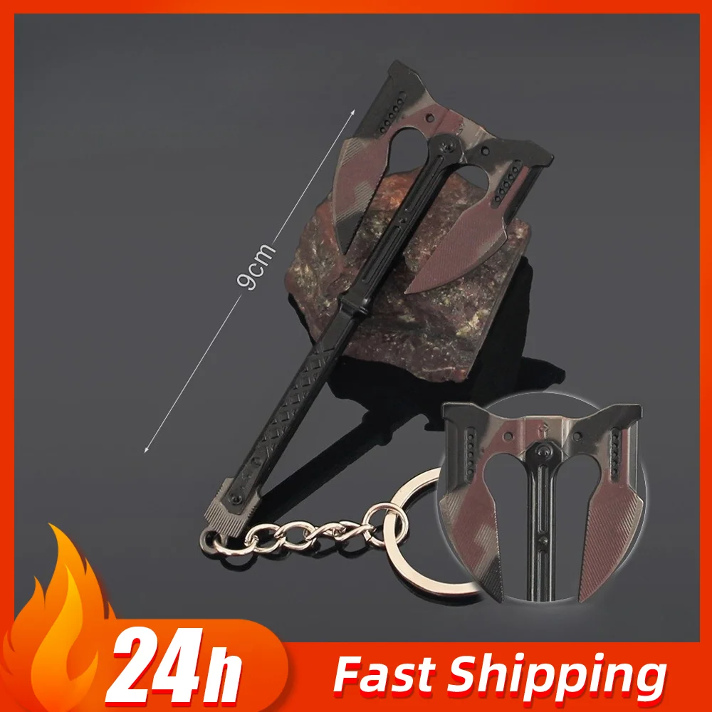 9 cm/3.54in Arena Breakout Game Randapparatuur Samurai Zwaarden Double Edged Battle Axe Metalen Hanger Legering Sleutelhanger Soldaat Wapens