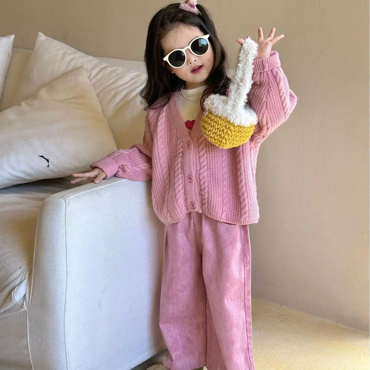 

Autumn Children Girl 3PCS Clothes Set Cotton Love Printed Tops Solid Knitwear Cardigan Loose Pink Wide Leg Pant Baby Girl Outfit