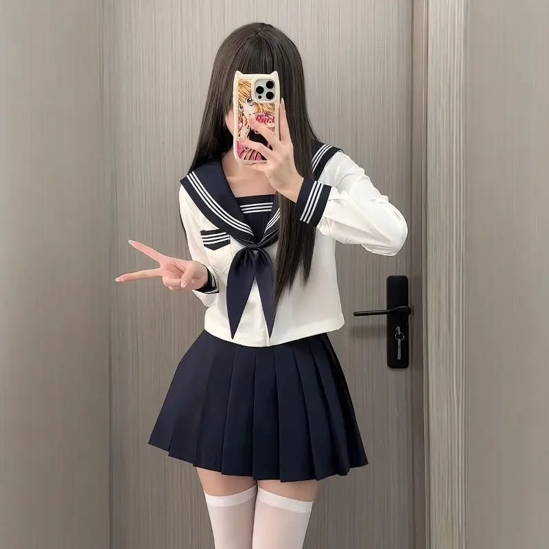 Preppy Style JK-Uniform-Set, weißes Design mit drei Streifen, marineblauer Rock, japanisch inspiriertes Basic-Campus-Outfit für Mädchen
