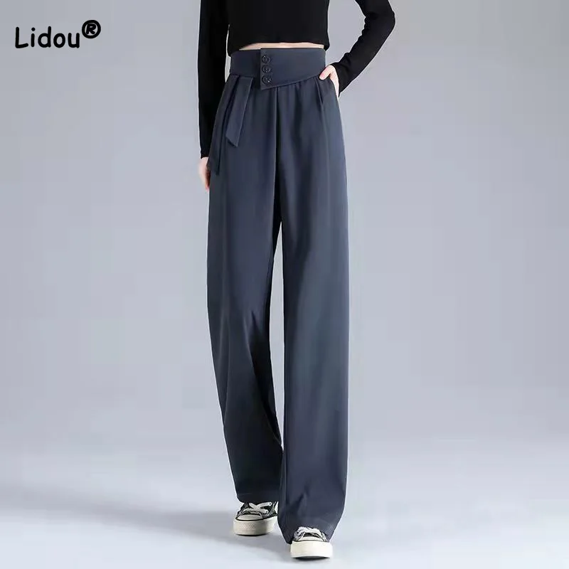 

Office Lady Solid Color Loose High Waist Straight Pants Spring Autumn Fashion Button Streamer Women's Suit Wide Leg Trousers