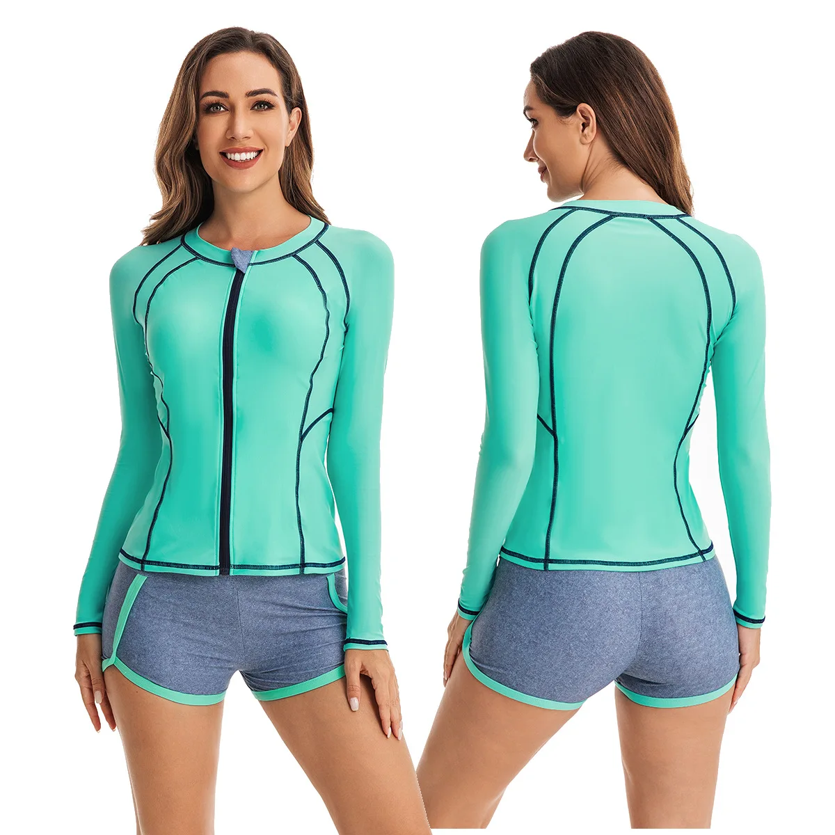 Maillot de bain deux pièces pour femme, manches courtes, été, tenue de plage, maillot de bain modeste, fermeture éclair, combinaison de surf
