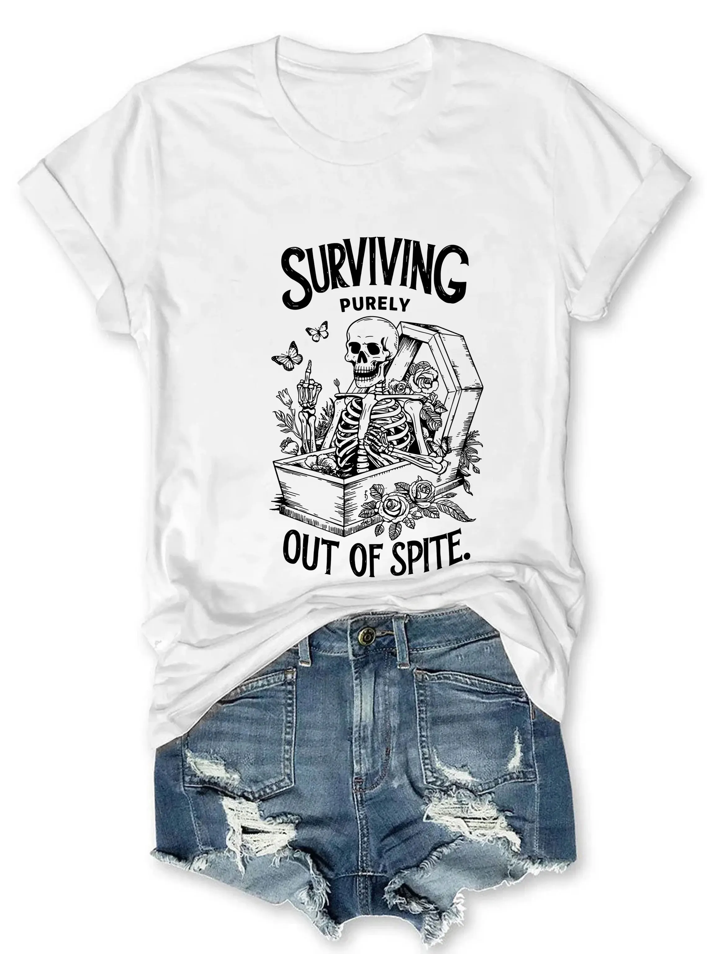 Surviving Purely Out Of Spite Funny Skeleton Print Shirt Halloween Shirt Fall Shirt Halloween Tee Halloween Gift for Her