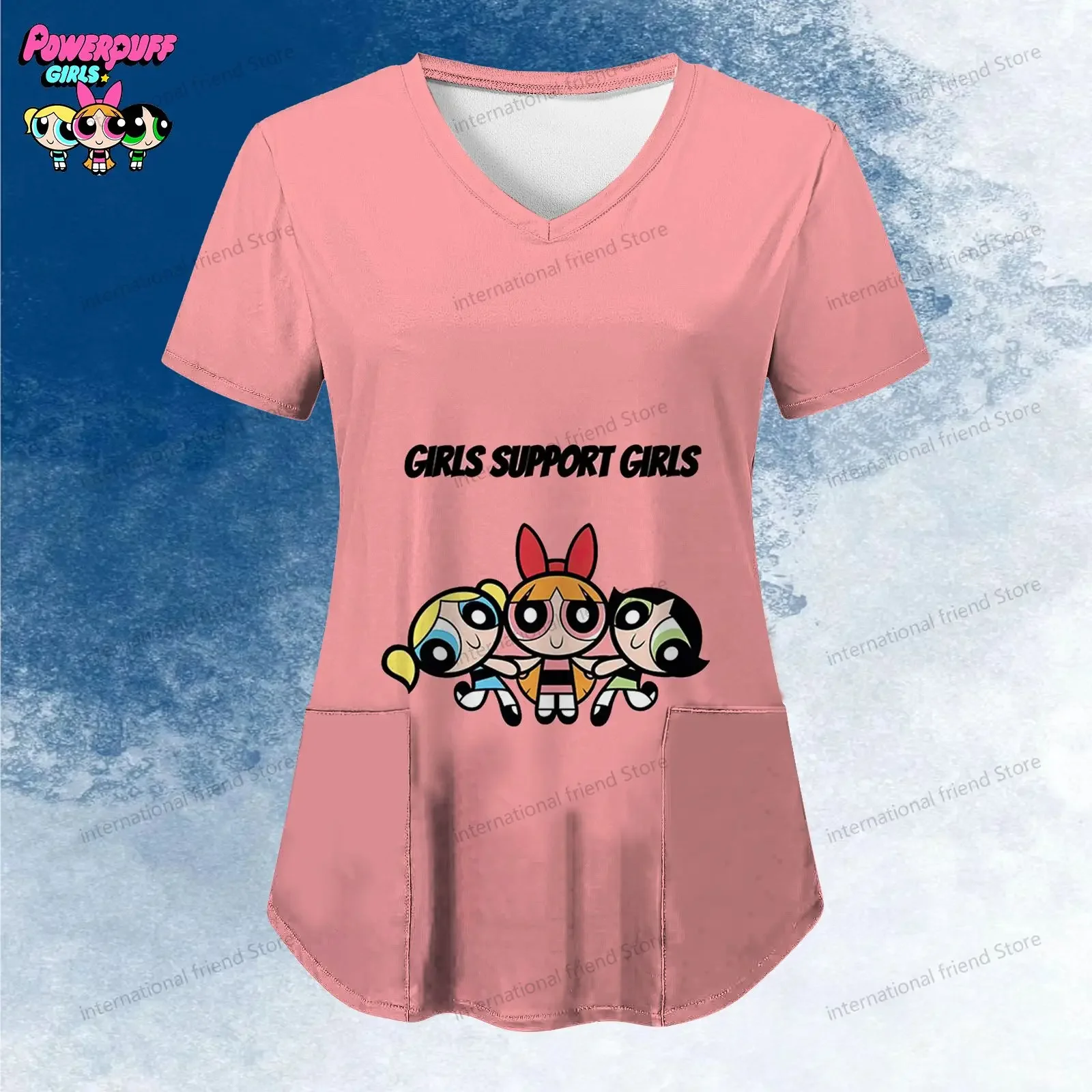 Women\'s V Neck Nurse Uniform T-Shirt Pocket The Powerpuff Girls Summer Woman Clothing Kawaii Y2k New Dress Tshirts Dames 2024