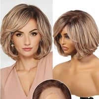 100% Remy Human Hair Transparent Lace Frontal Wig Short Wavy Bob Human Hair Wig Ash Brown Ombre Pixie Cut Hair for White Women