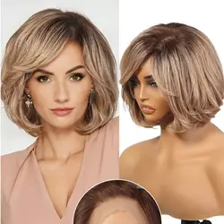 100% Remy Human Hair Transparent Lace Frontal Wig Short Wavy Bob Human Hair Wig Ash Brown Ombre Pixie Cut Hair for White Women