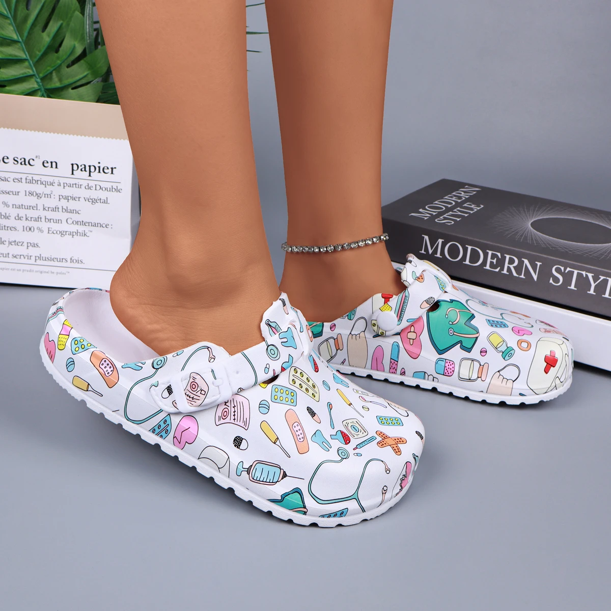 المرأة المطبوعة شبشب منزل البغل قباقيب إيفا المضادة للانزلاق أحذية عمل شقة لينة وحيد قابل للتعديل مشبك مغلق تو شبشب منزل