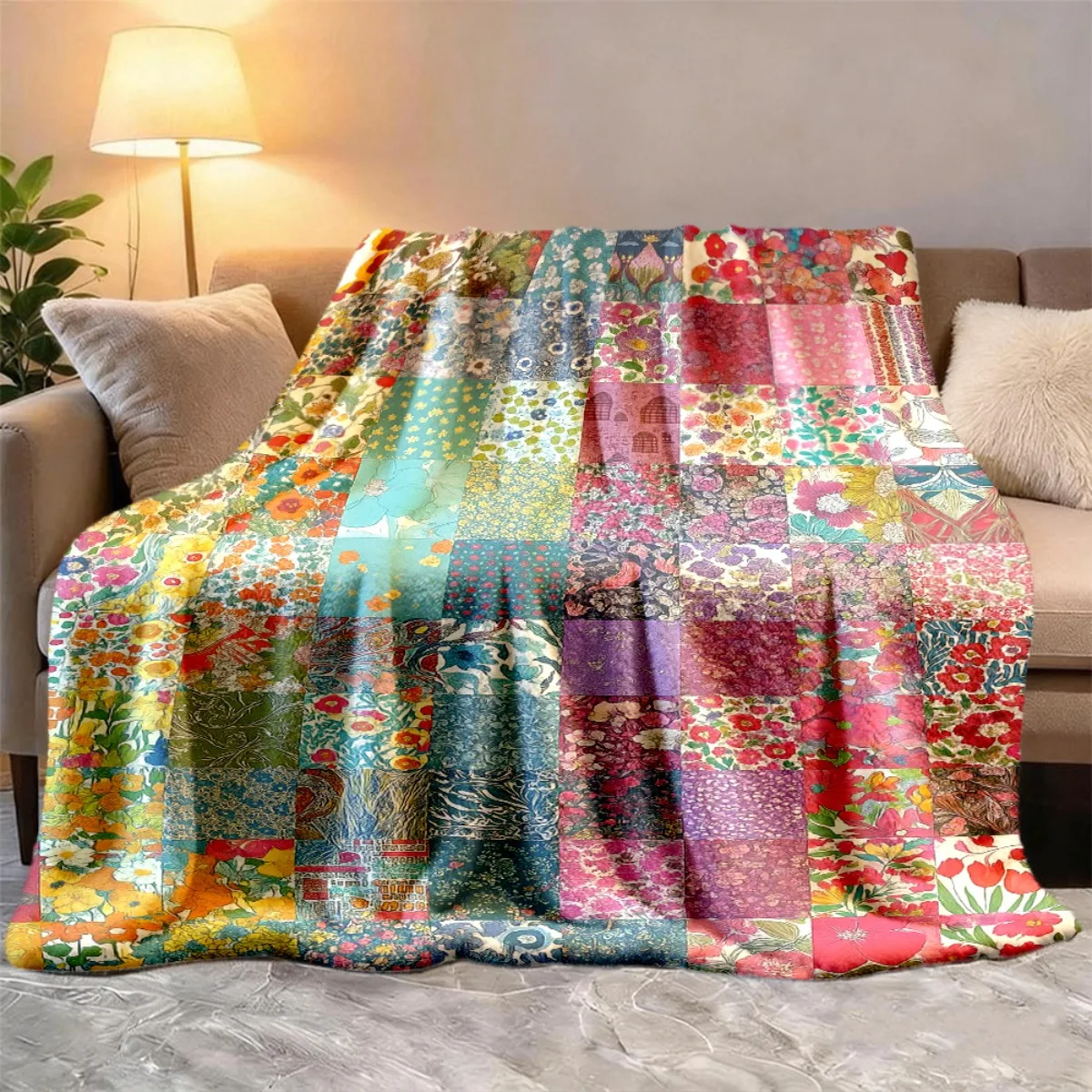 Boho Floral Patchwork Throw Blanket Bright Mixed Botanical Patchwork Art Print Soft Flannel for Kids Room Sofa Lap Cozy Rustic