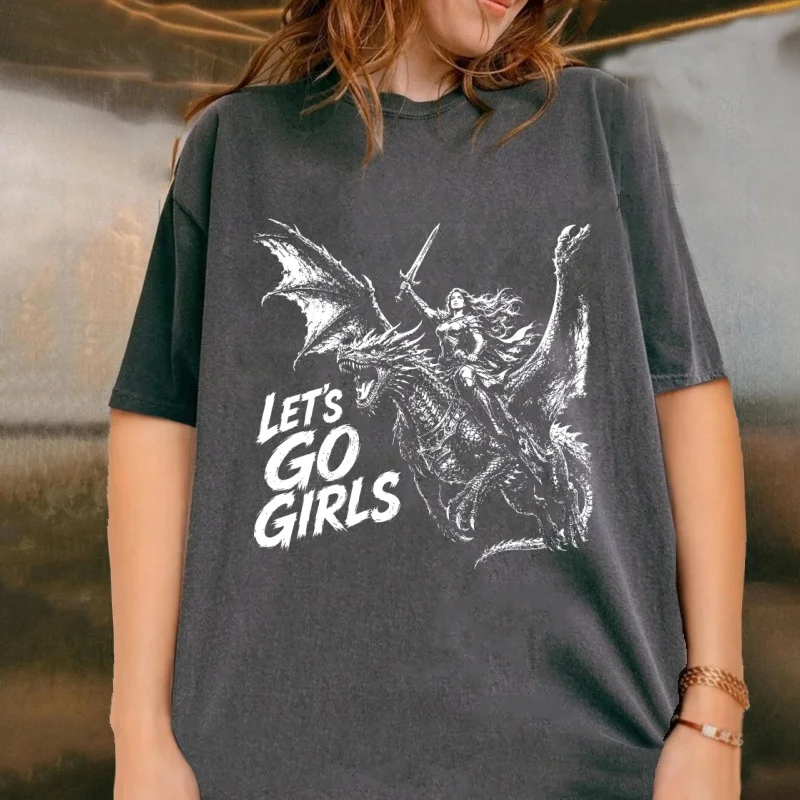 Woman Dragon Rider T Shirt Fantasy Graphic Tee Feminist Cotton Short Sleeve Round Neck T-shirt Printed Round Neck Clothes