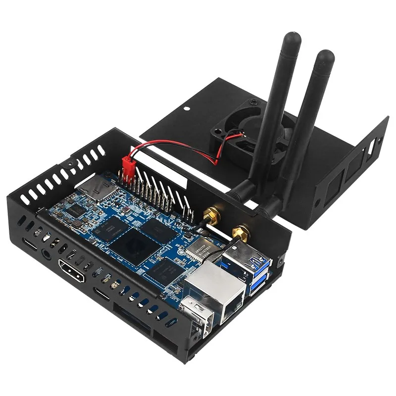 Orange Pi 5B Metal Case with Cooling Fan Optional Aluminum Heat Sink and Antenna Orange Pi 5B Black Shell