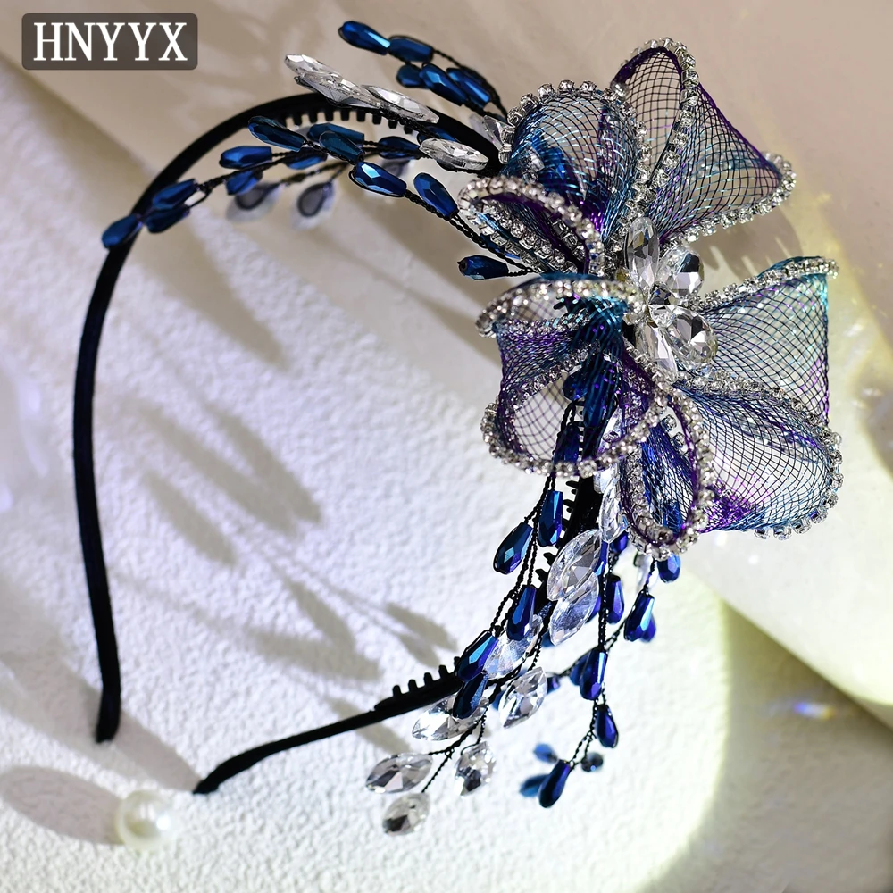 HNYYX Vintage Blue Crystal Hair Accessories Flower Mesh Headband Baroque Fashion Headpieces for Women Bridal Jewelry Gift A220