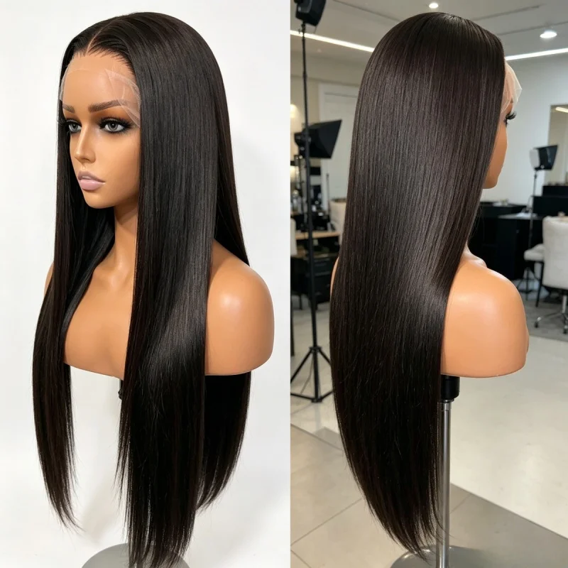 Fashionable natural-looking middle parting, long straight hair, front lace full wig with label