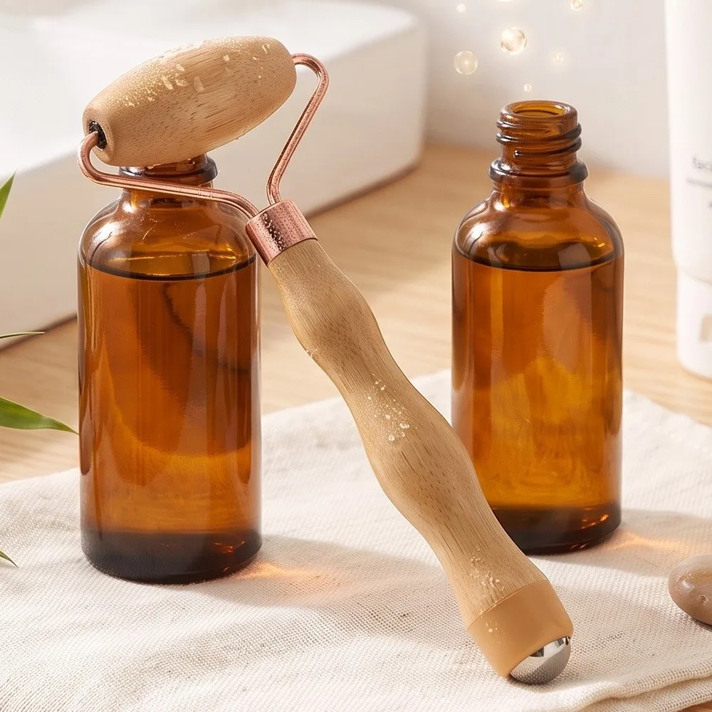 Bamboo Wood Face Massage Roller Dual End Curved Bracket Facial Massager Polished Handle Metal Ball Skin Care Roller Home Use
