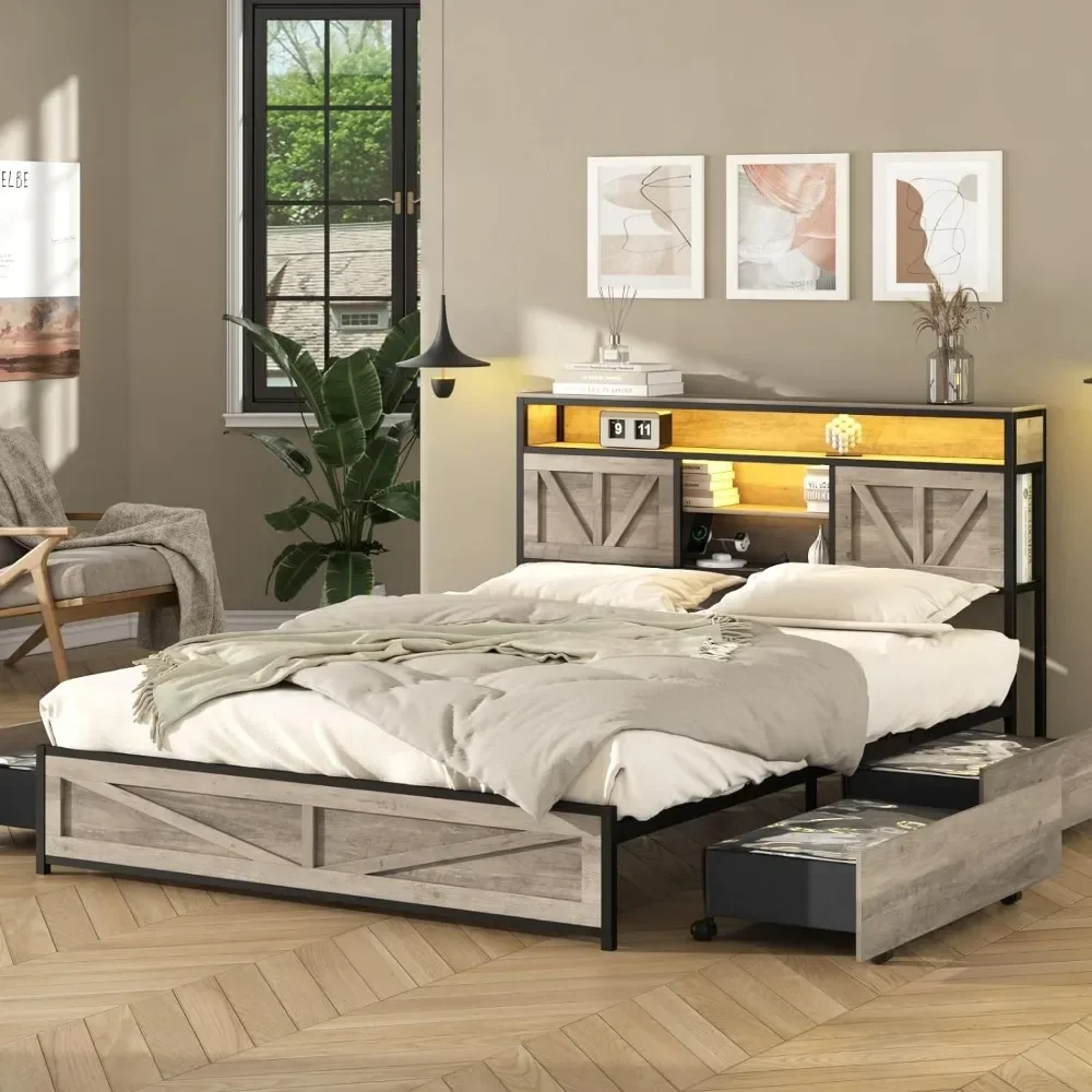 

For Queen Size Bed Frame with Charging Station, 4 Drawers, Headboard Storage 3 Layer Shelve, Farmhouse Platform Bed Frame