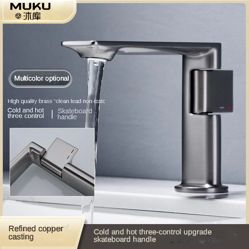 

Gun Gray Hot and Cold Basin Faucet Bathroom Cabinet Washbasin Household Wash Basin Single Hole Deck Mounted Copper Sink Faucet
